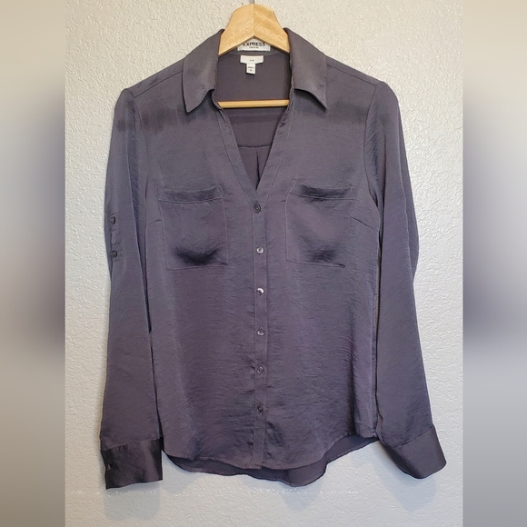 Express Tops - Express The Portofino Shirt Slim Fit Gun Metal Gray Crepe Button-Up Blouse Small